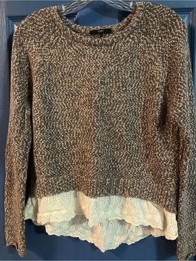 Tart Marled Brown & Cream Crewneck Sweater with Eyelet Hem